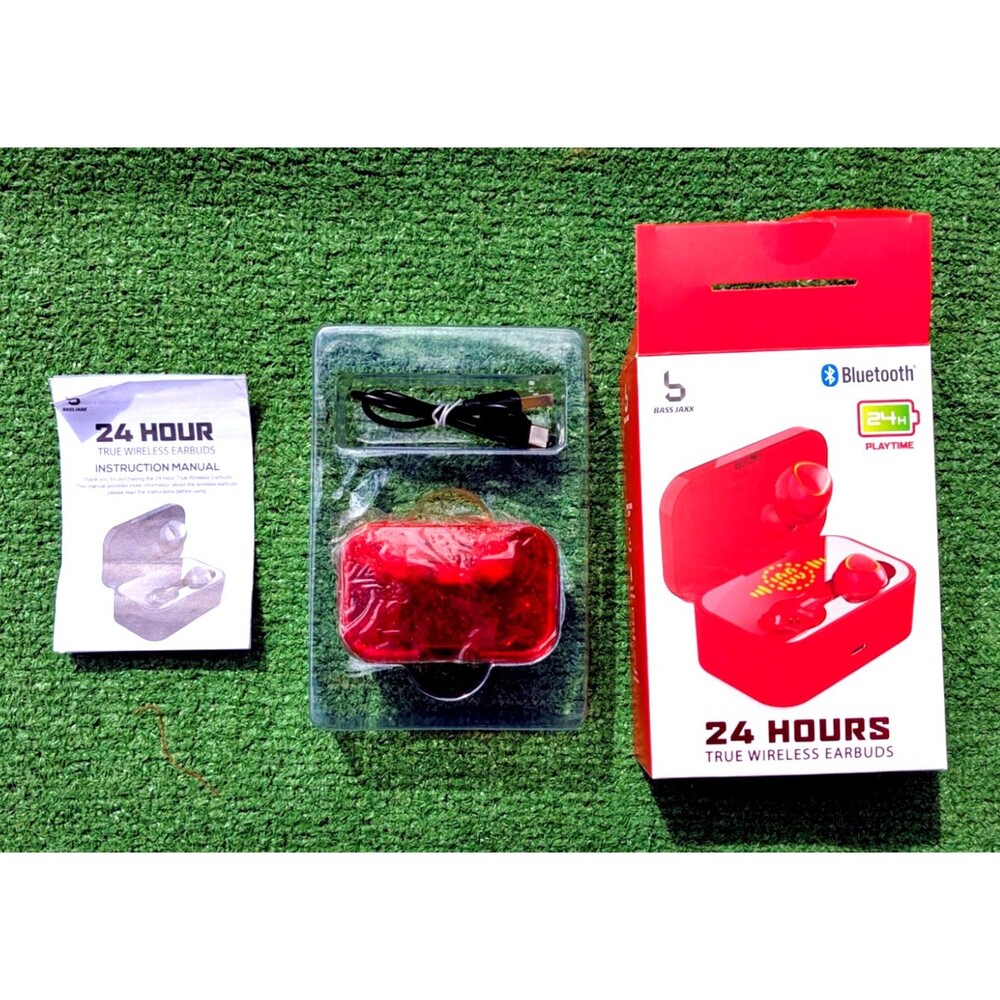Bass Jaxx 24 Hours True Wireless Earbuds Red Bluetooth Touch Control Mic LED EUC